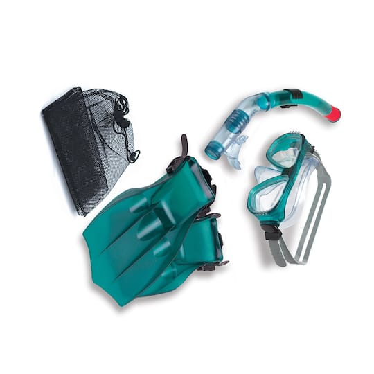 15.5" Teal Green Piranha Mask Snorkel and Fins Swimming Pool and Water Snorkeling Set